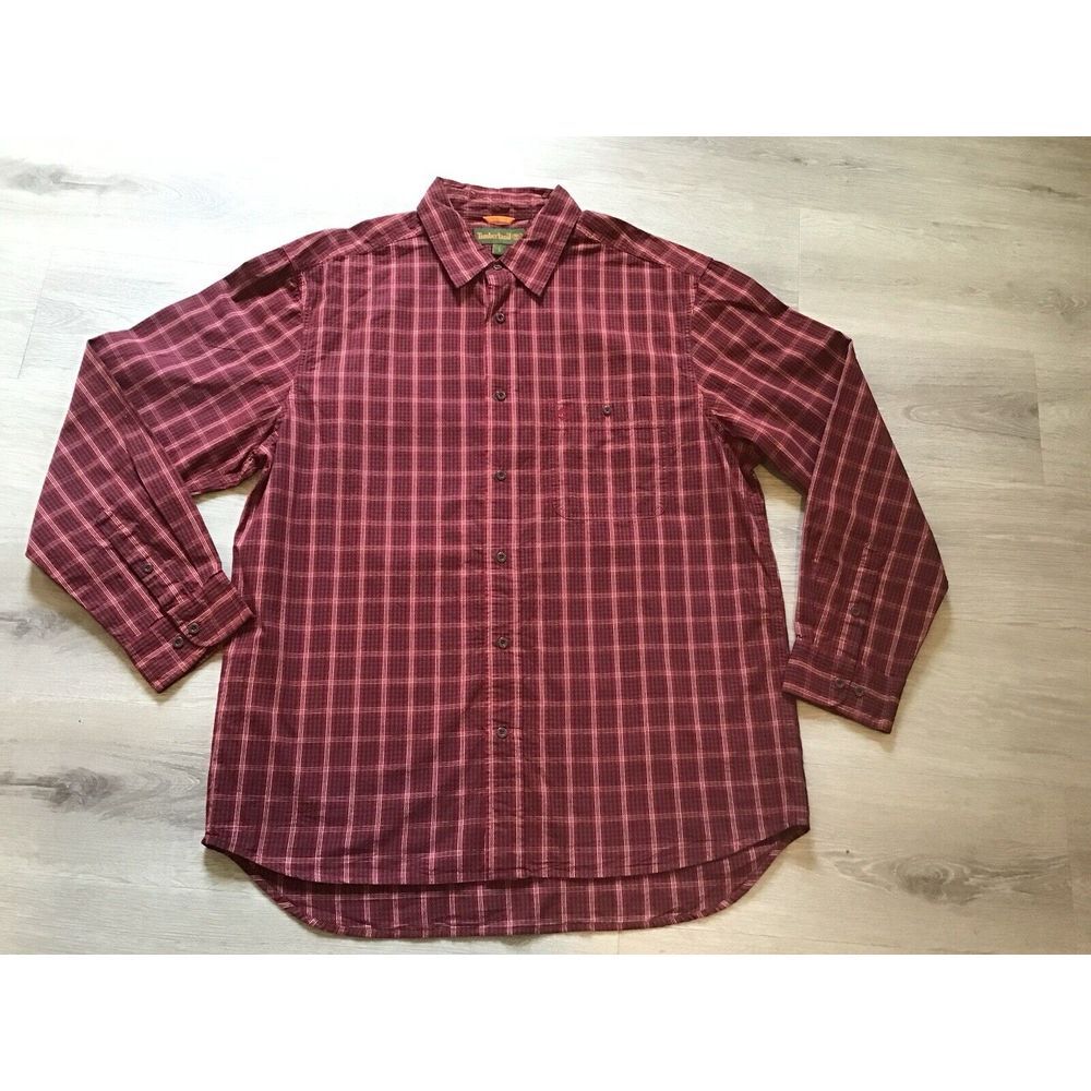 Timberland Shirt Mens Size L Shirt Button‎ Down Red Plaid Long Sleeve Vintage